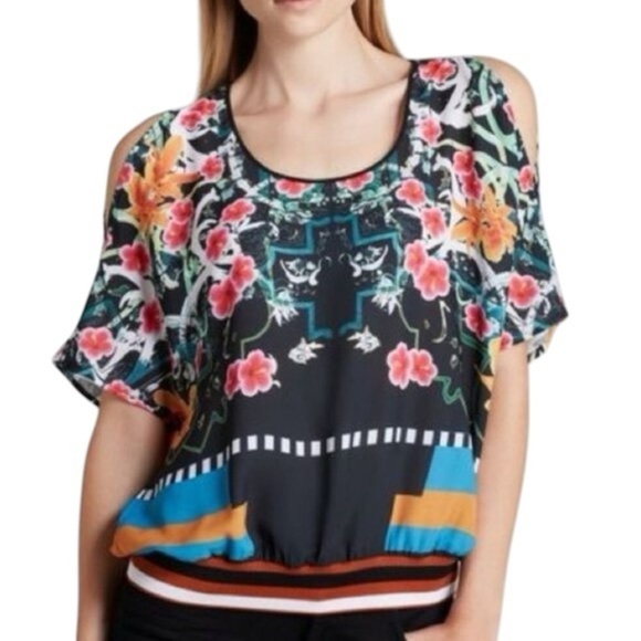 Clover Canyon Tops - Clover Canyon Multicolor Women's Cuba Scarf Cold Shoulder Blouse 0093